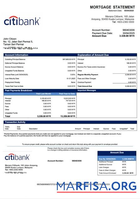 Downloadable Malaysia Citibank Malaysia mortgage statement Word and PDF template